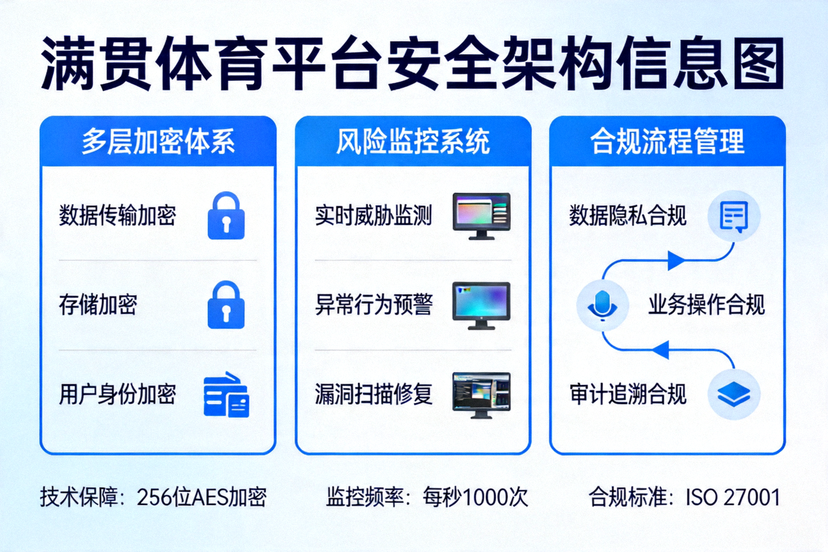 满贯体育平台安全架构信息图，展示多层加密、风险监控与合规流程