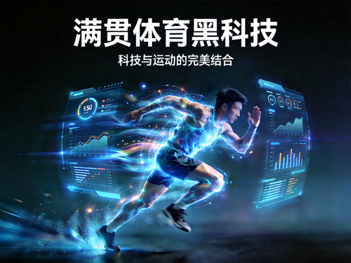 满贯体育黑科技概念图，运动员与全息数据界面融合，展示科技与运动的结合