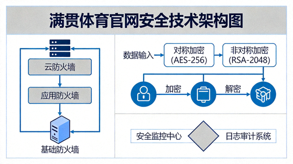 满贯体育官网安全技术架构图，展示多层防火墙与数据加密流程