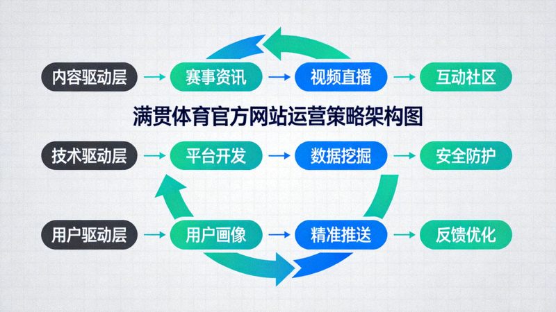 满贯体育官方网站运营策略架构图，展示内容、技术、用户三层驱动模型